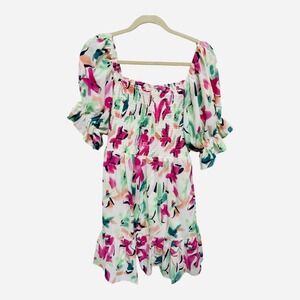 White Floral Smocked Dress Boutique First Love Tropical Short Sleeve Size Large